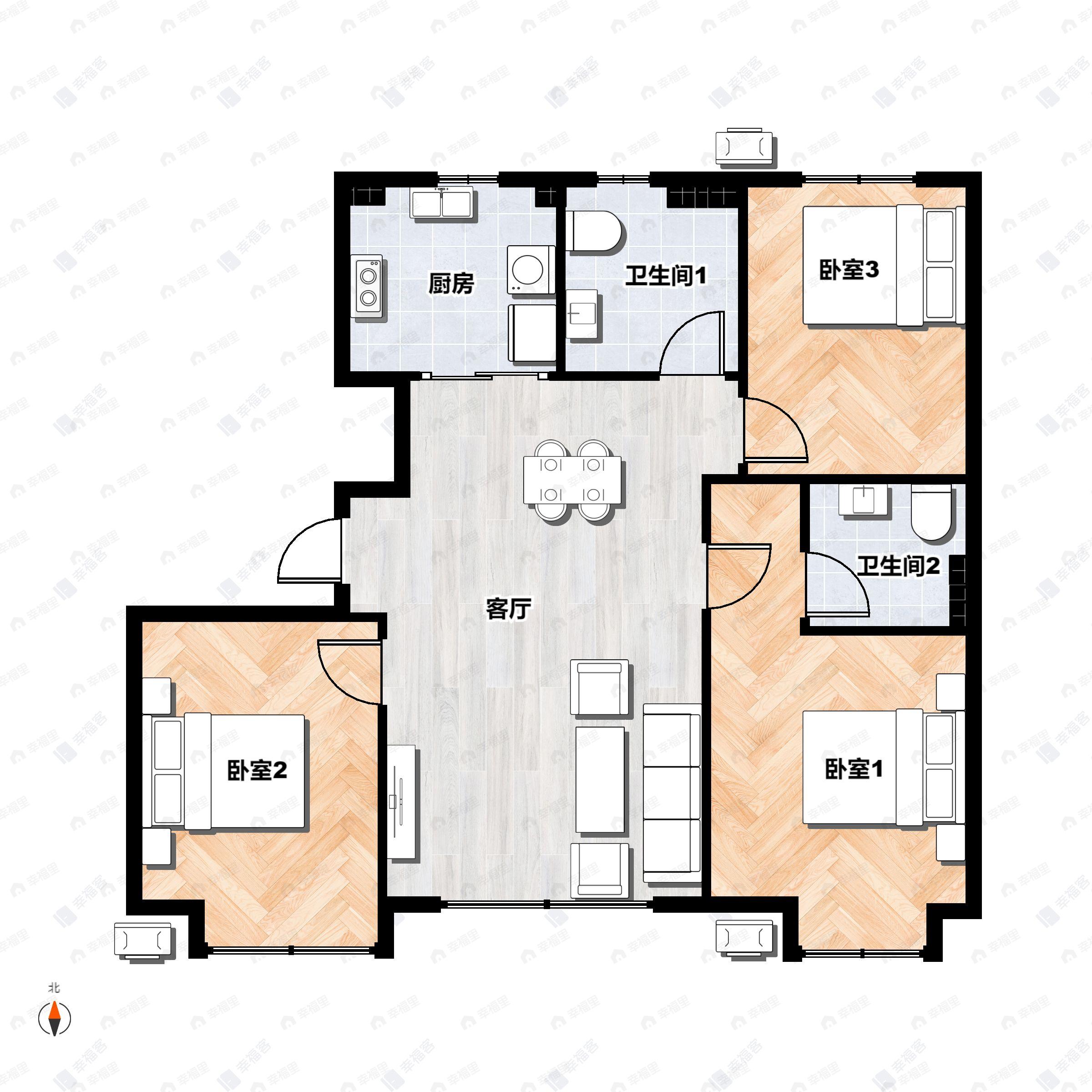 3室2厅2卫建面95平北|南户型图
