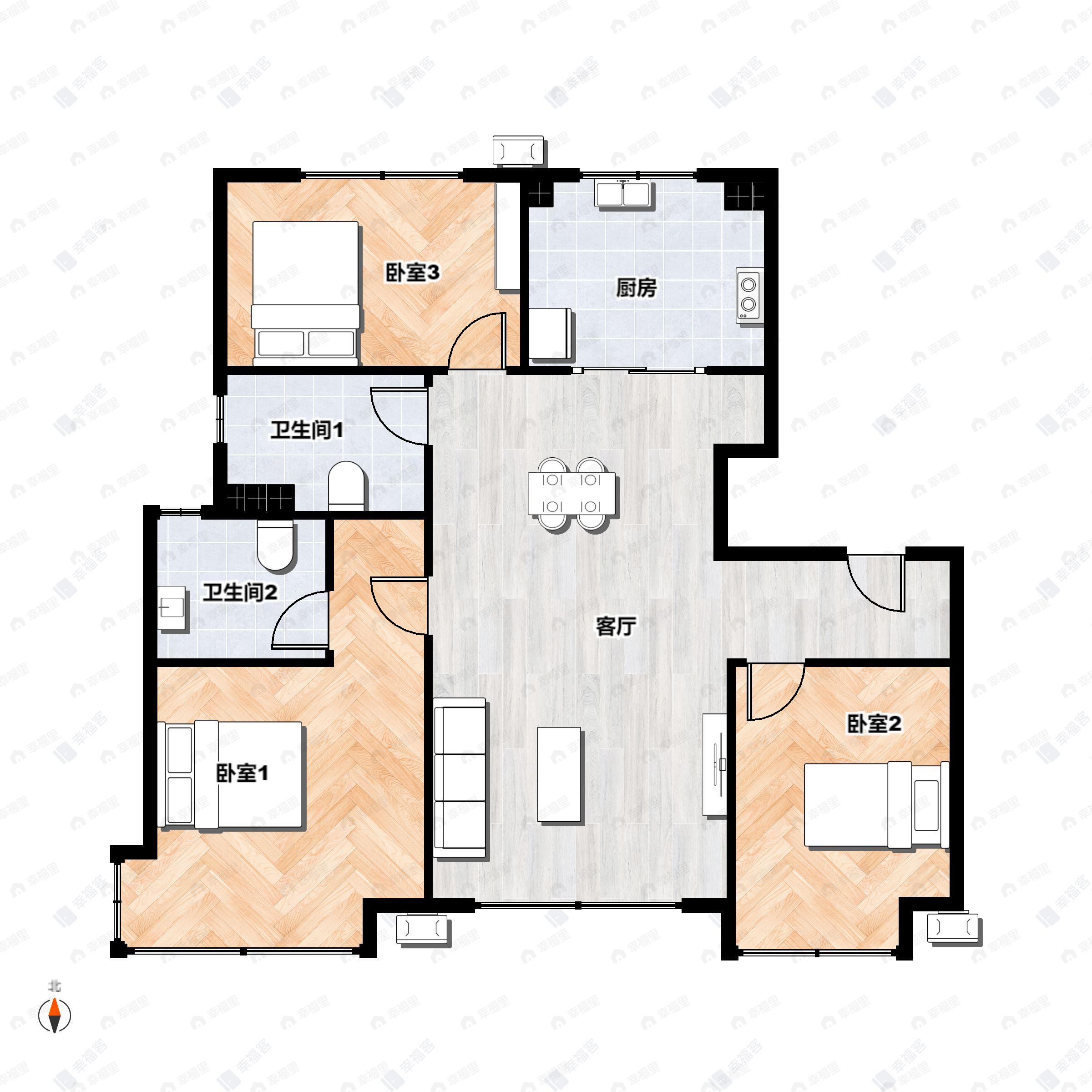 3室2厅2卫建面110平南|北户型图