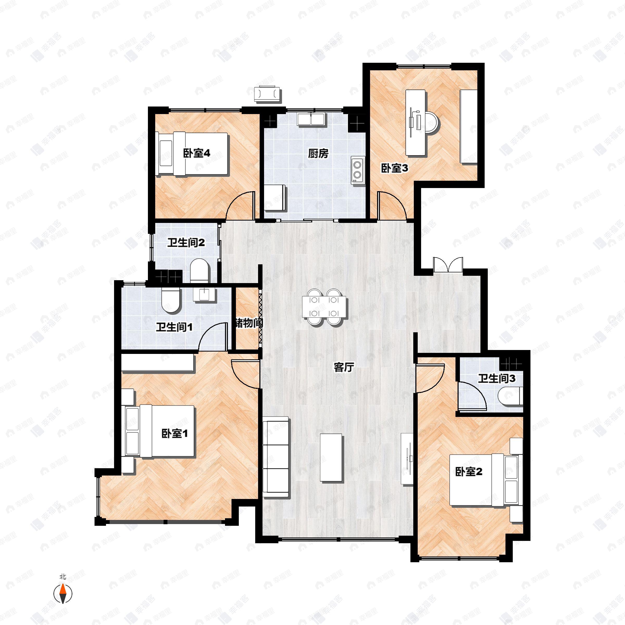 4室2厅3卫建面133平南|北户型图