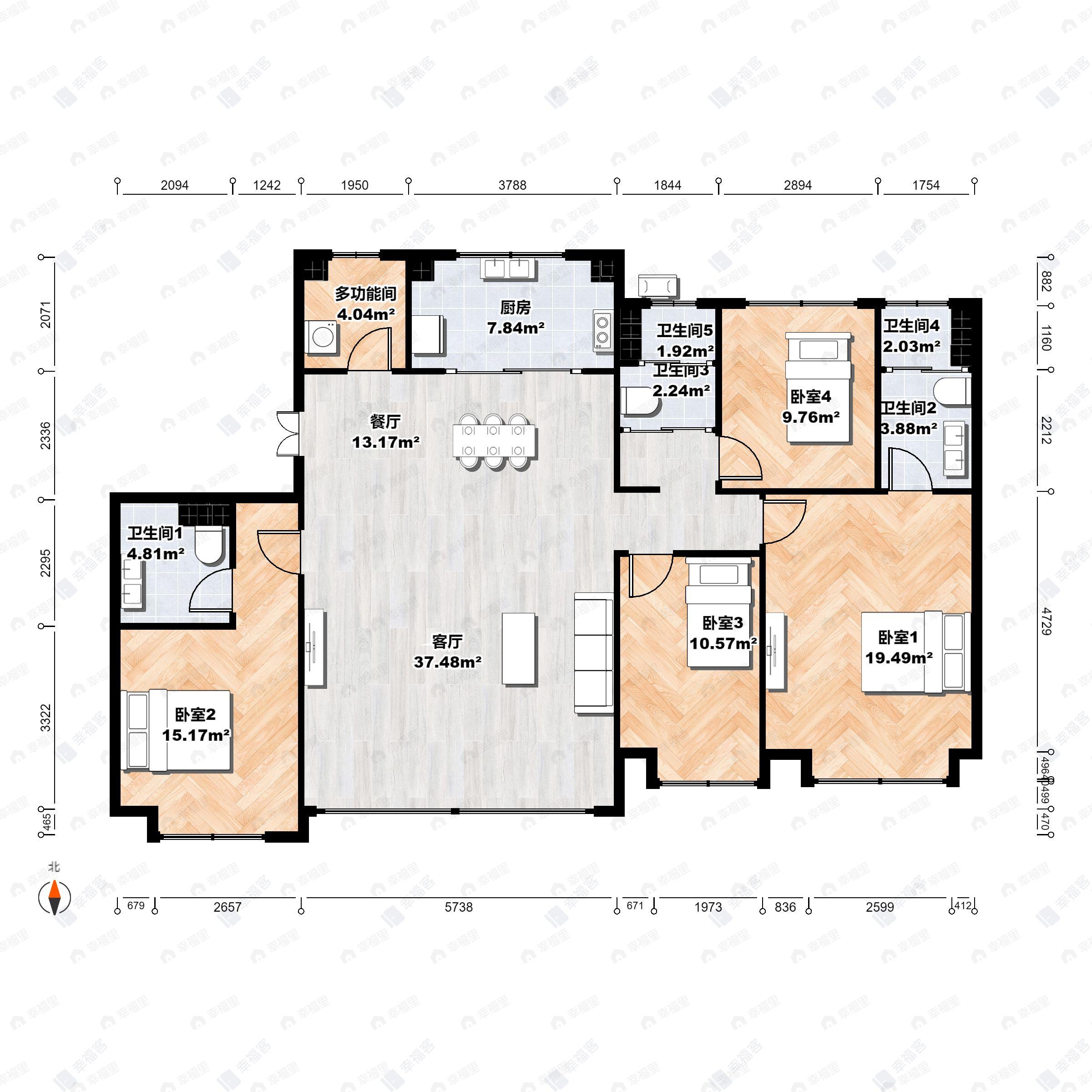 4室2厅3卫建面155平北|南户型图