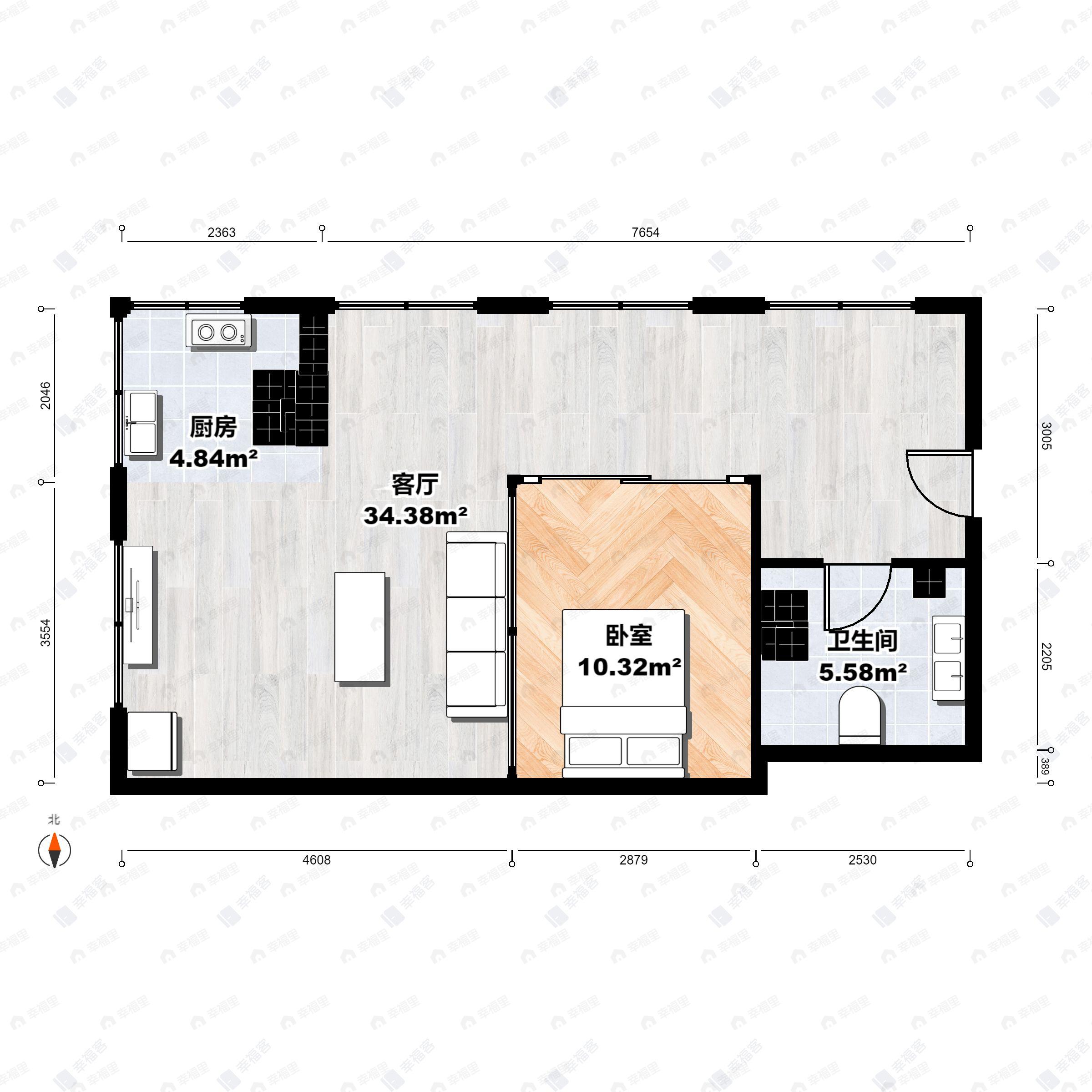 1室2厅1卫建面64平户型图