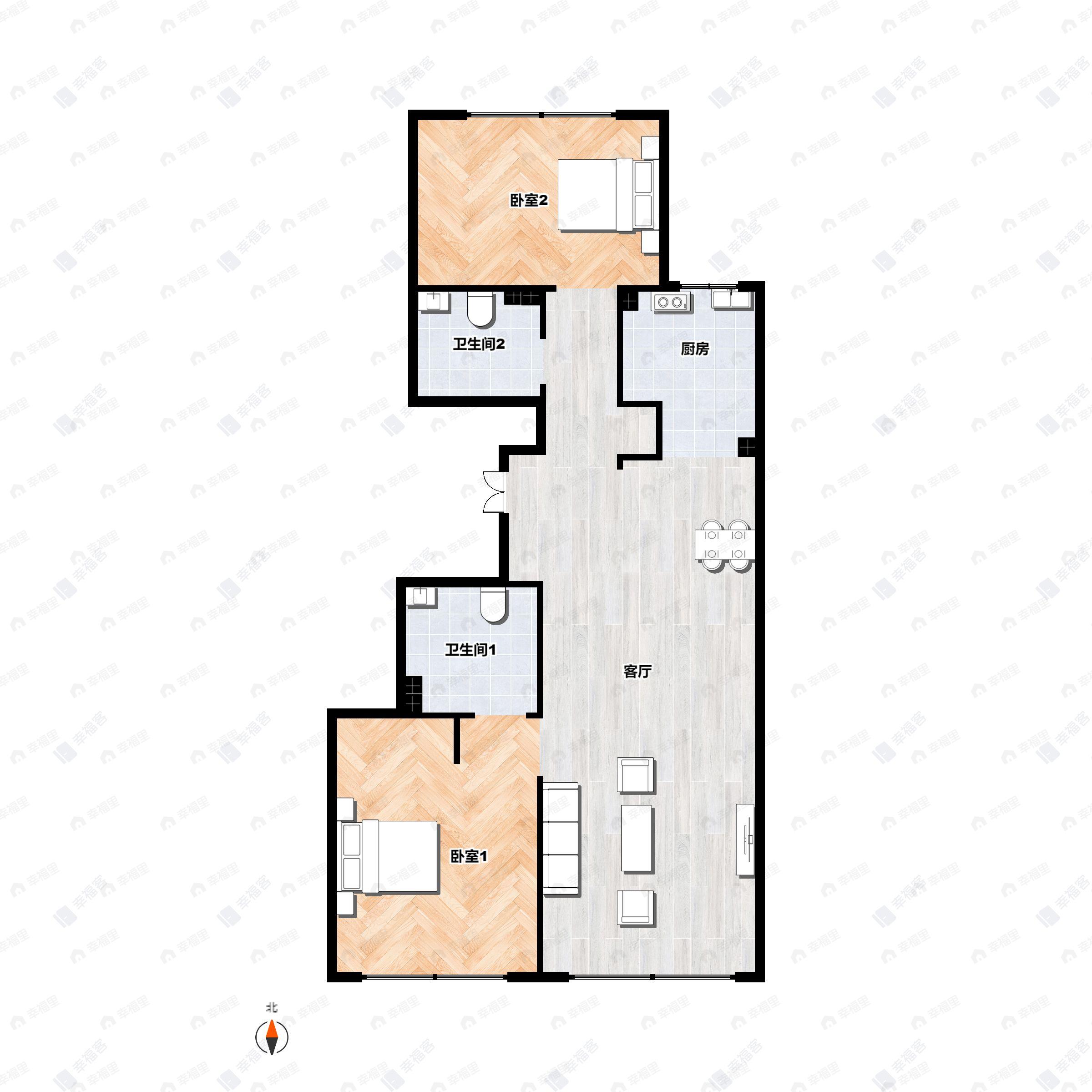 2室2厅2卫建面126m²南|北户型图