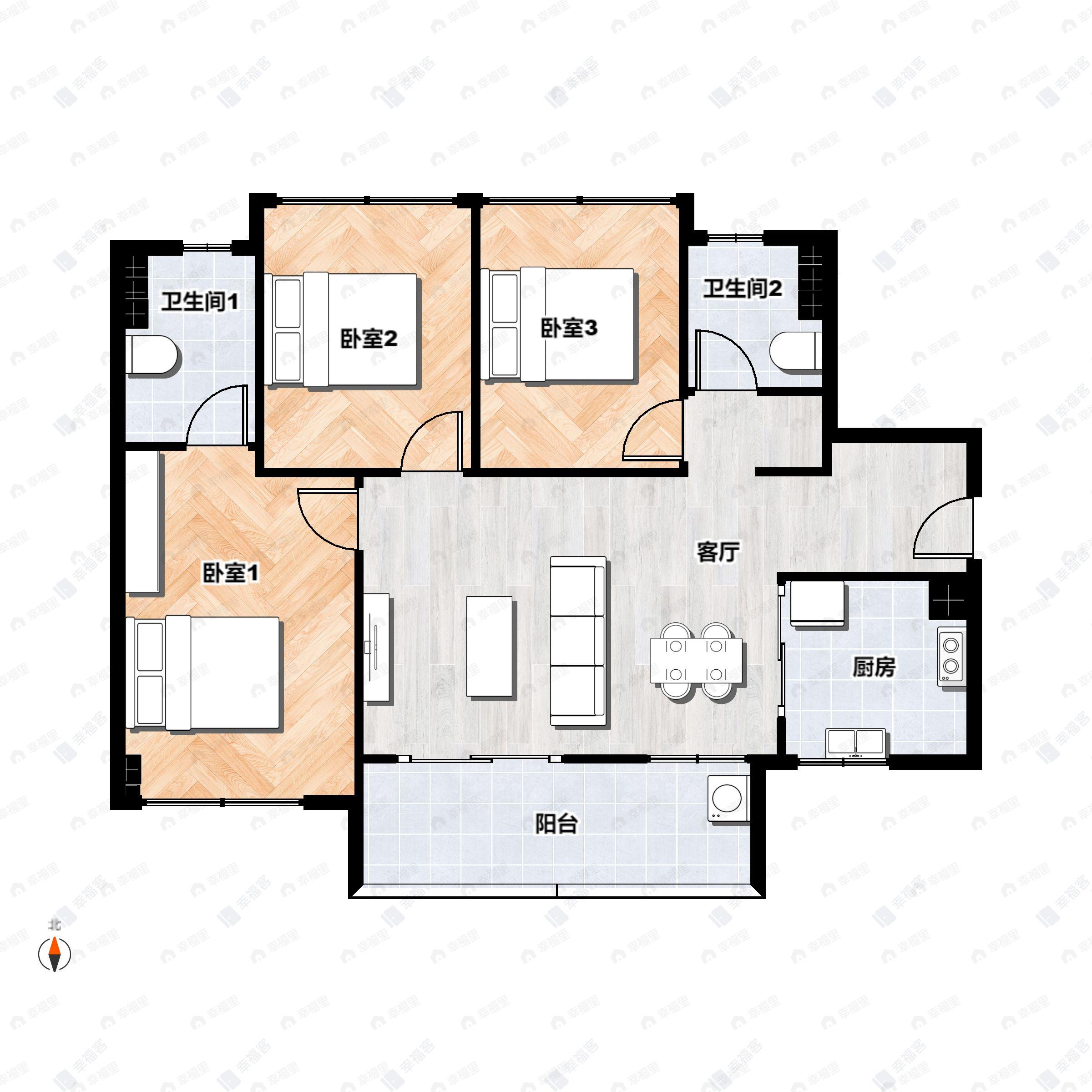 3室2厅2卫建面92平南户型图