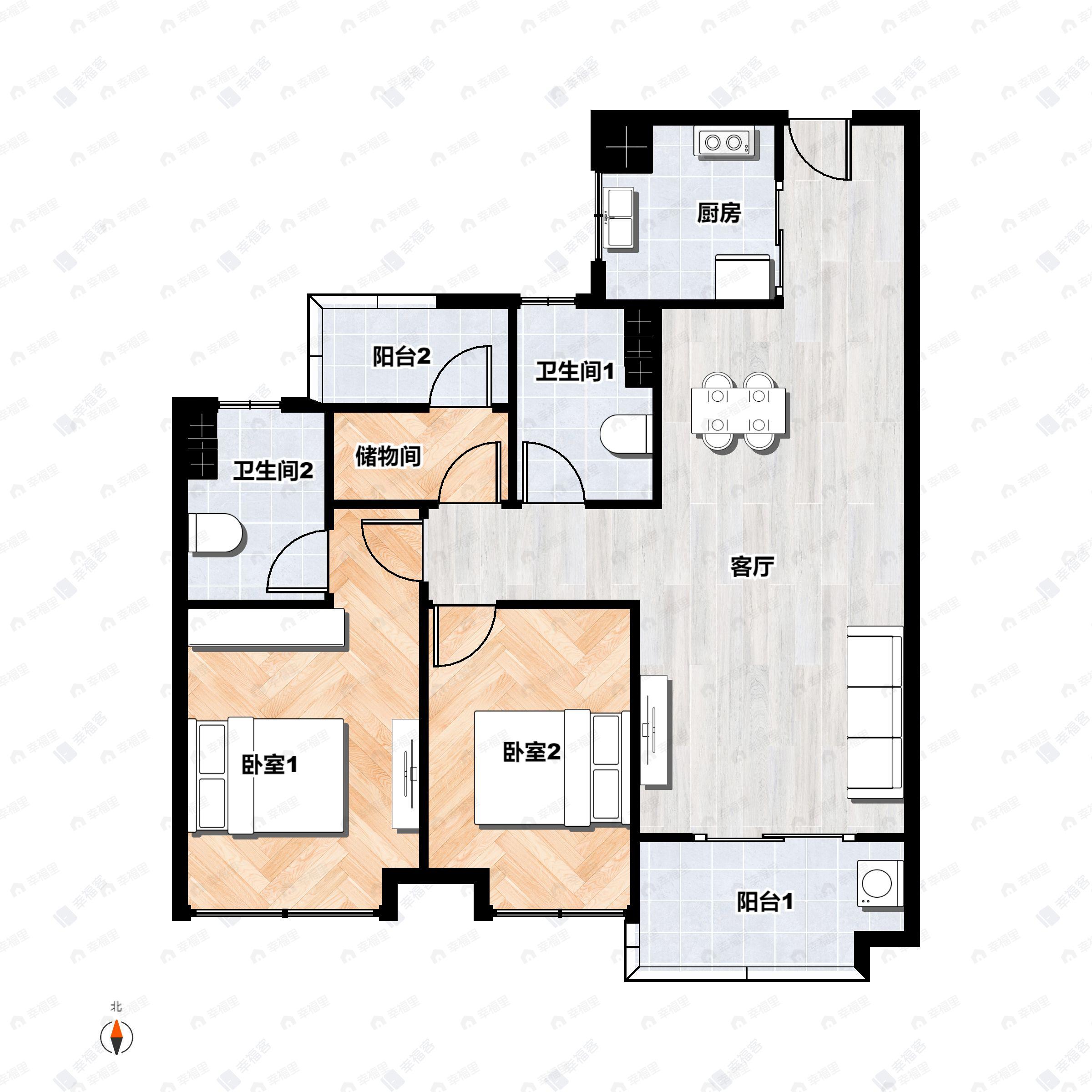 3室2厅2卫建面94平西|东|南户型图