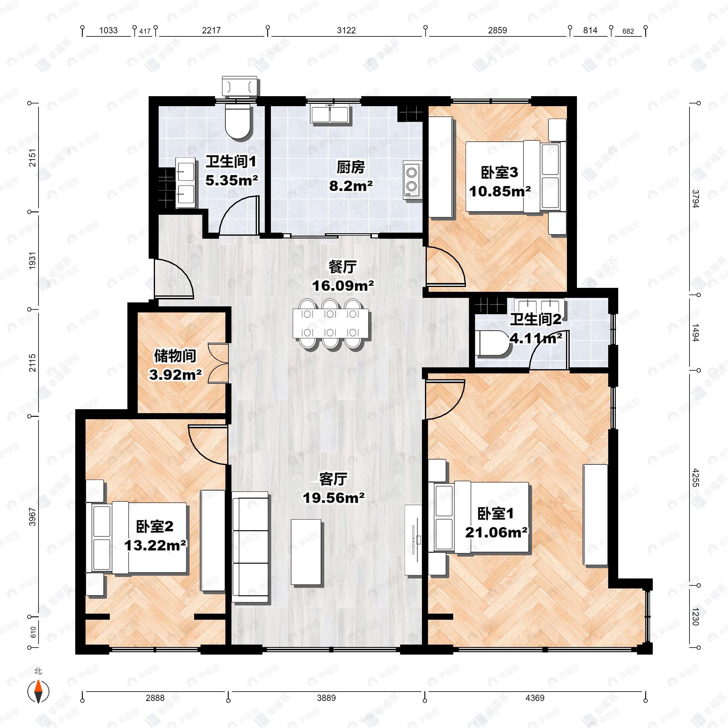 3室2厅2卫建面112m²北|南户型图