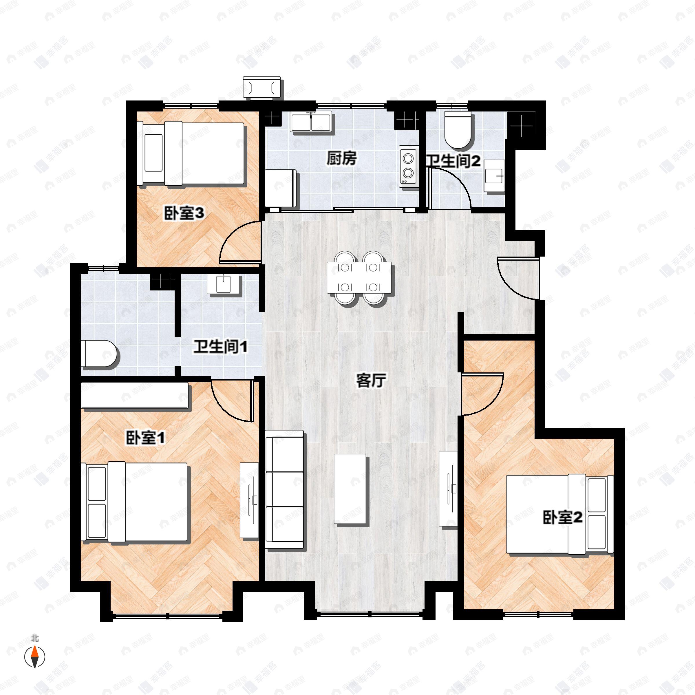 3室2厅2卫建面89平南|北户型图
