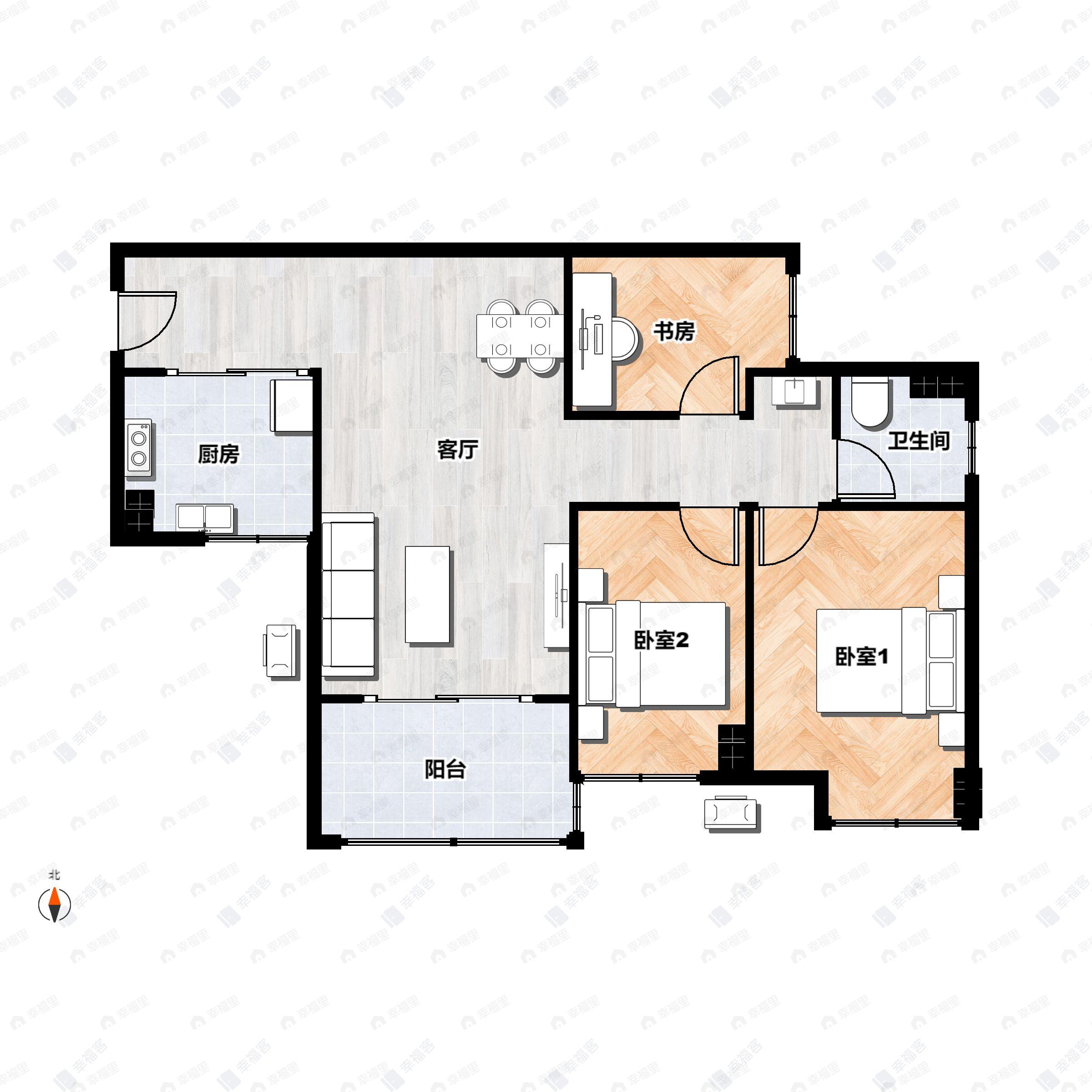 3室2厅1卫建面84平西|东户型图