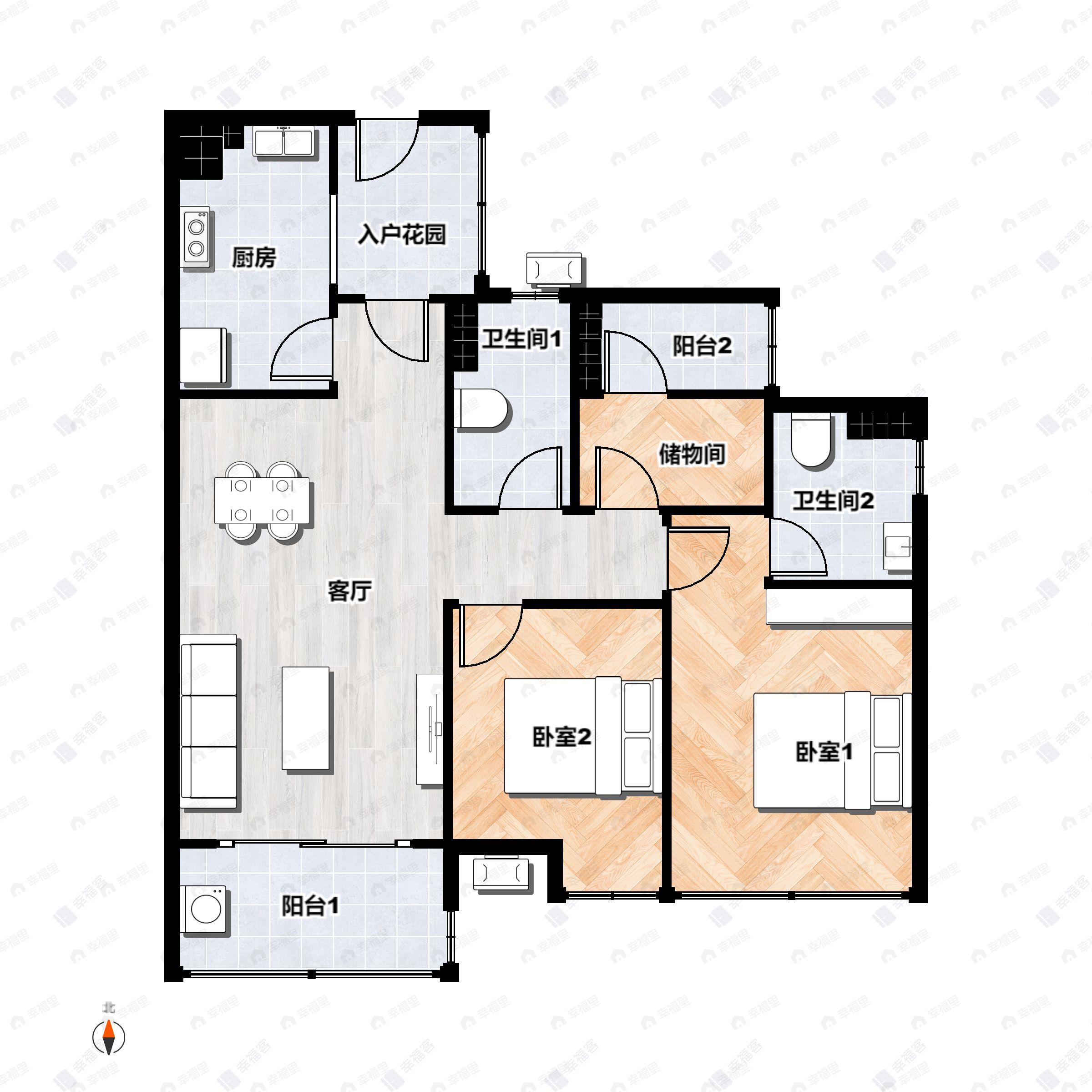 3室2厅2卫建面88平南户型图