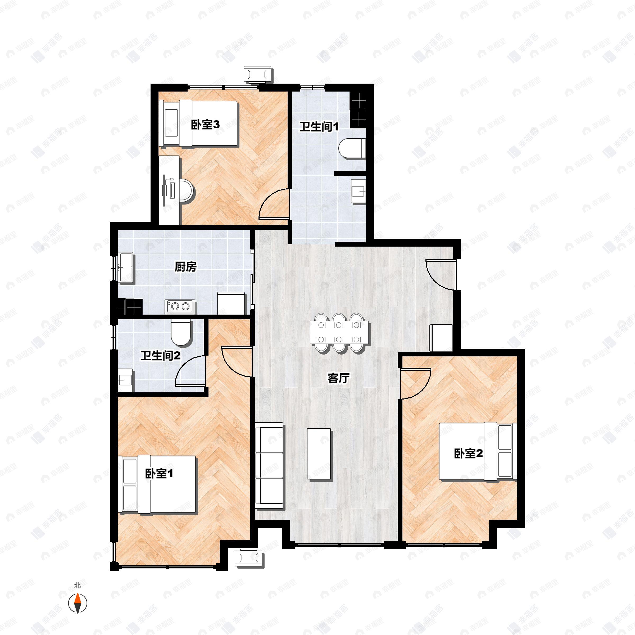 3室2厅2卫建面107平户型图