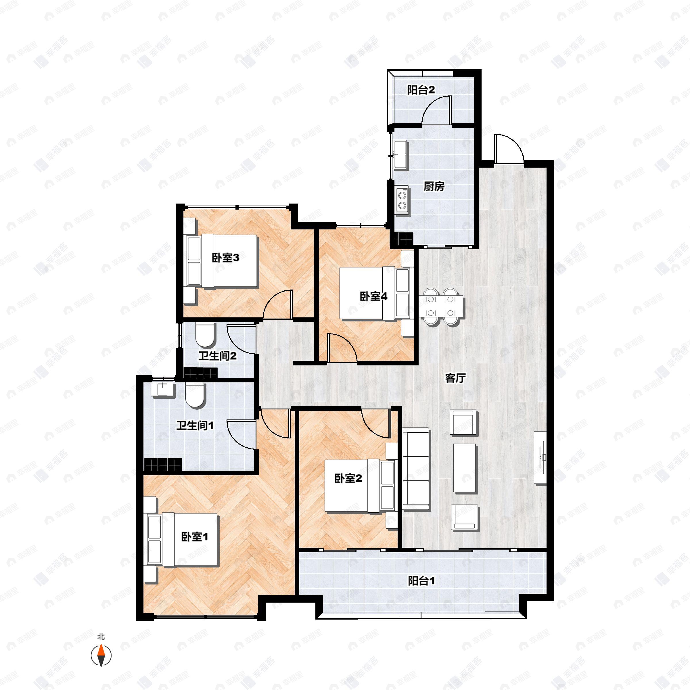 4室2厅2卫建面143平南户型图