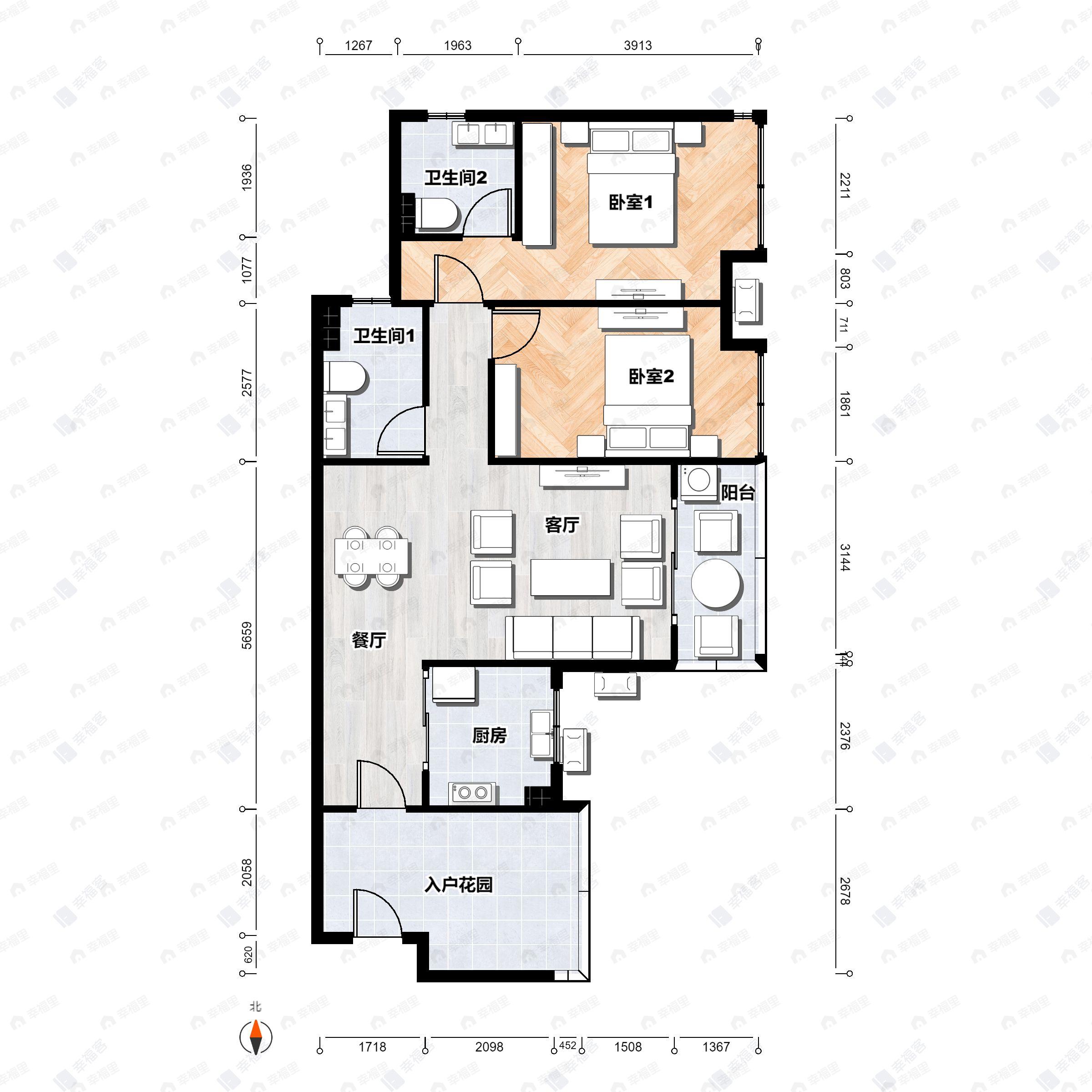 2室2厅2卫建面90m²北户型图