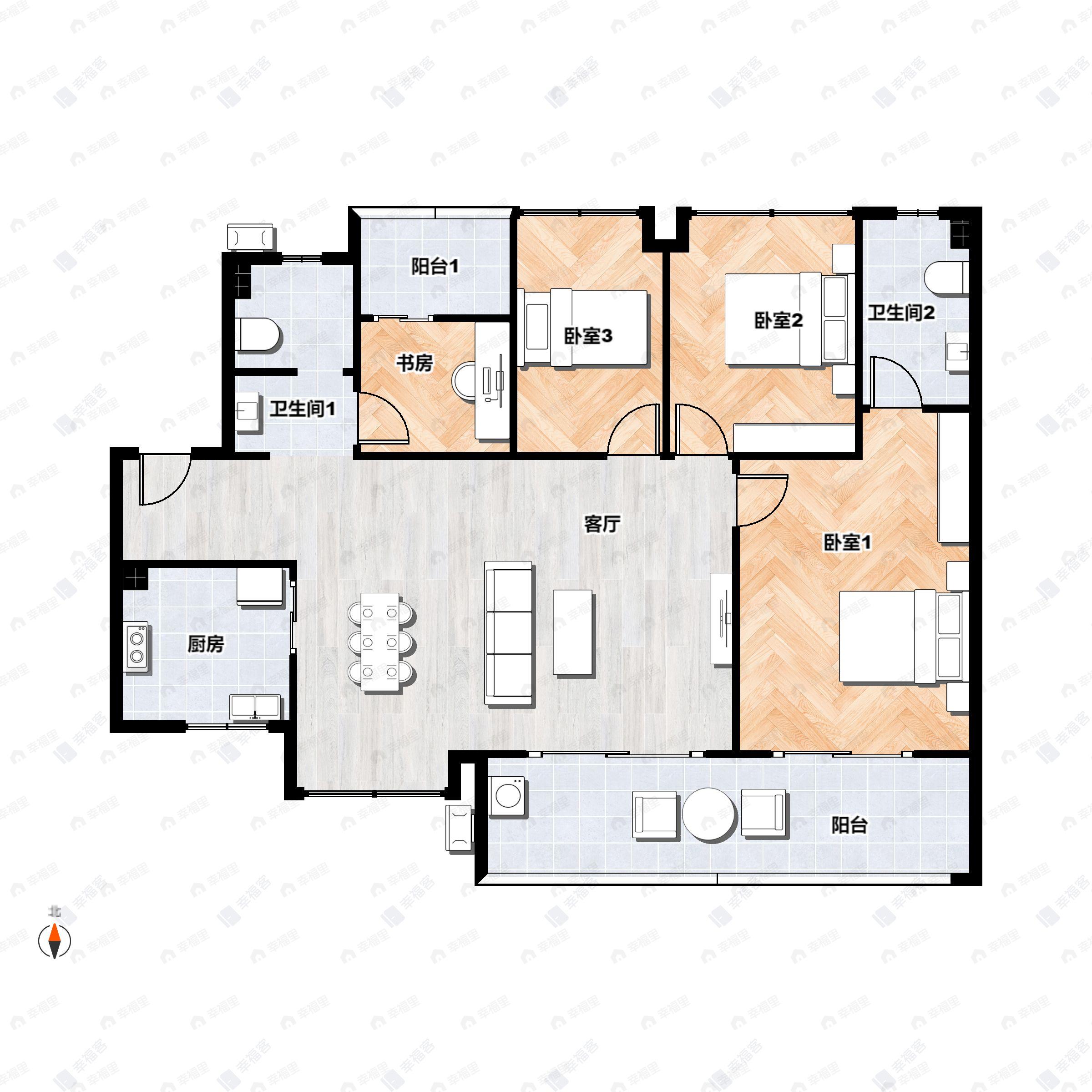 4室2厅2卫建面131平东|南户型图