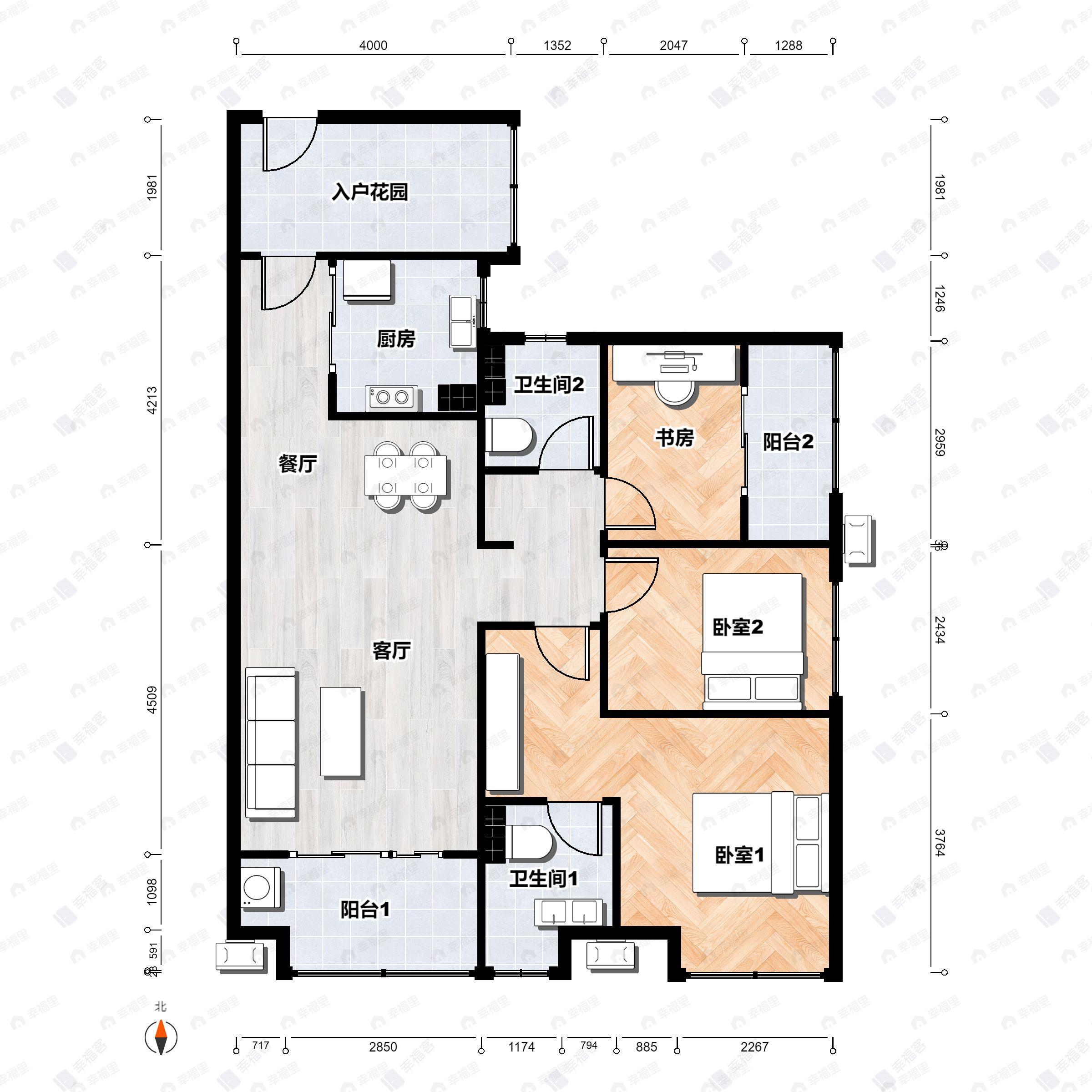3室2厅2卫建面103平南户型图