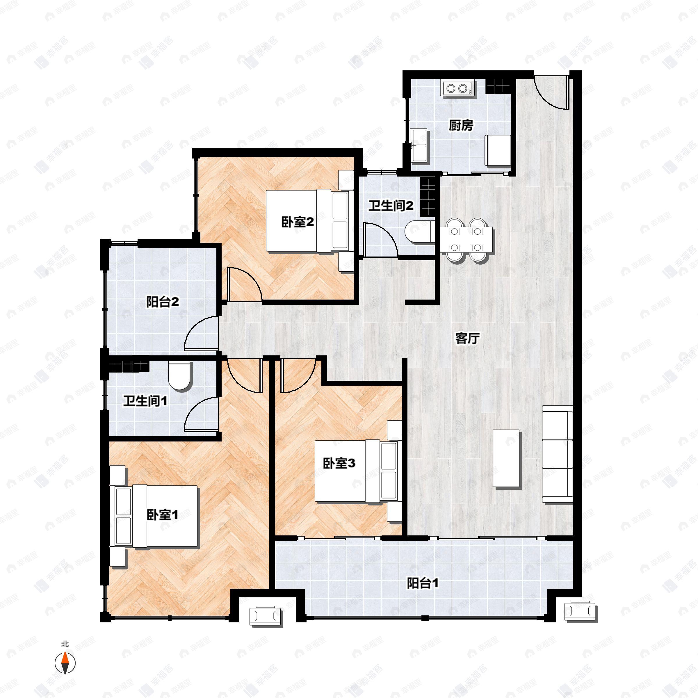 3室2厅2卫建面127平南户型图