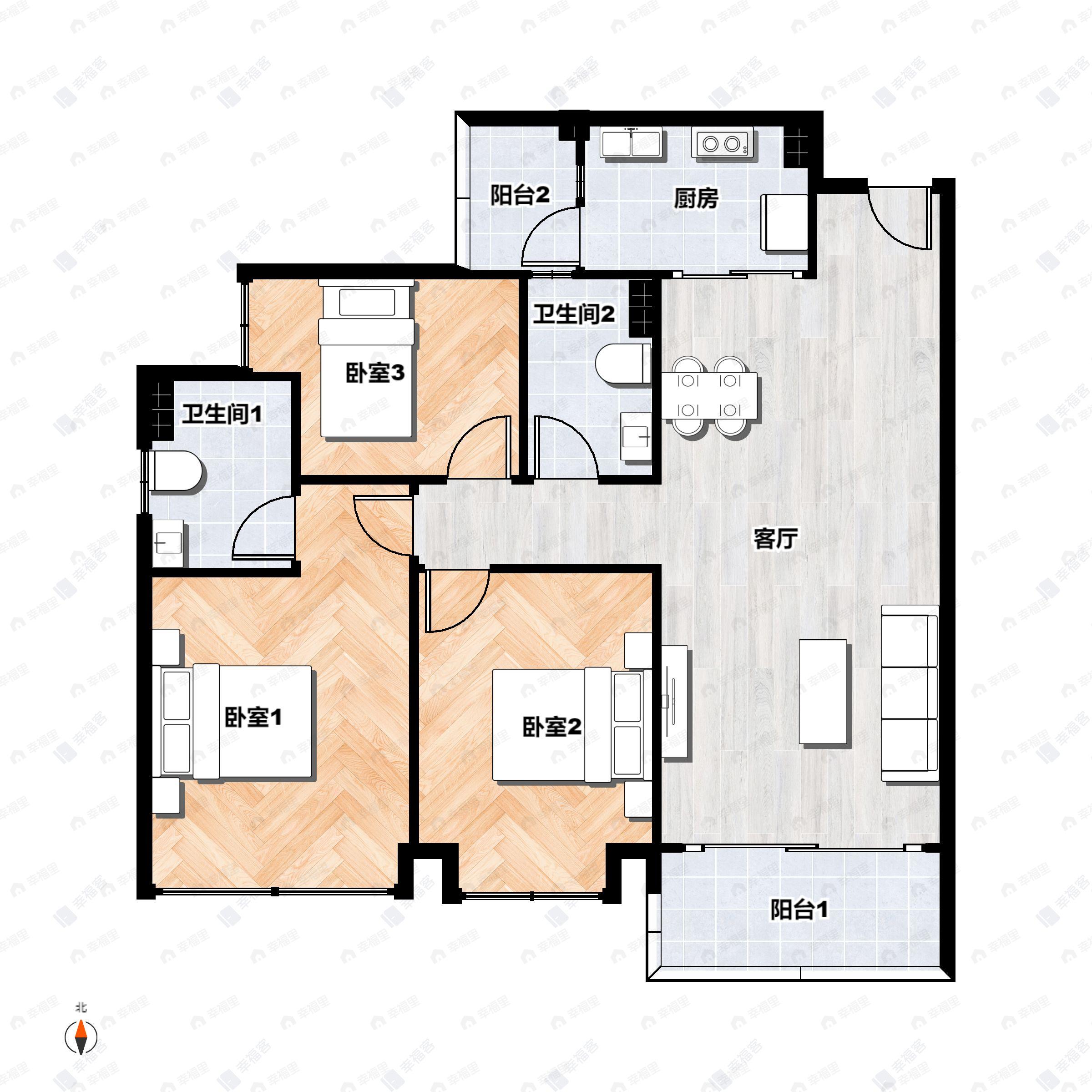 3室2厅2卫建面100平户型图