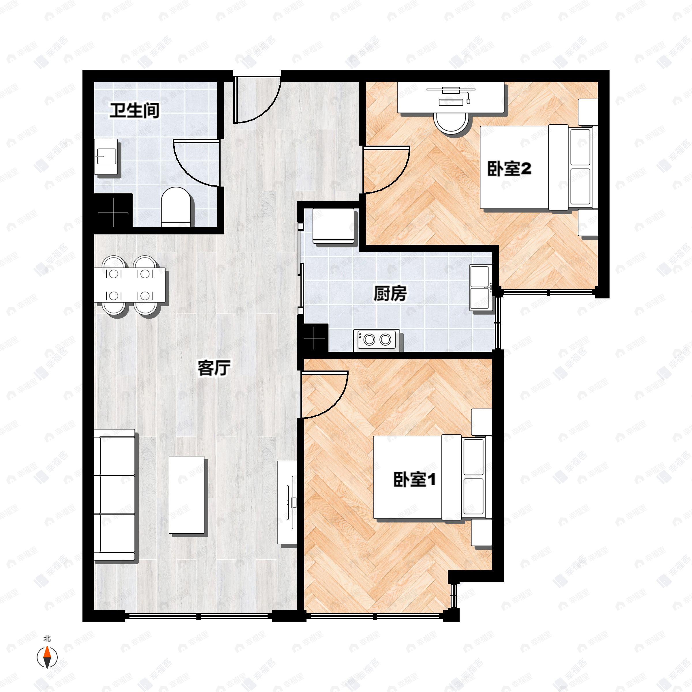 2室2厅1卫建面77平南户型图