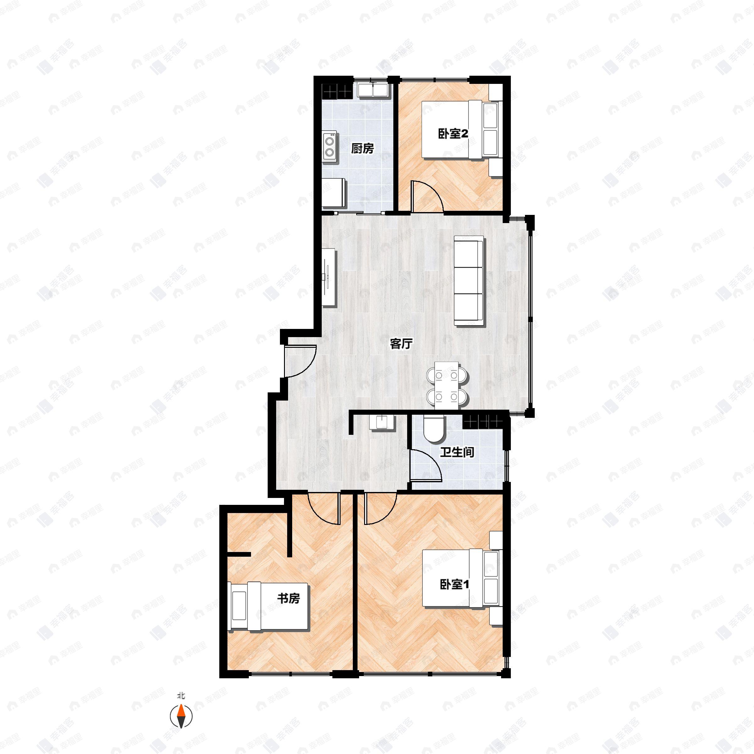 3室2厅1卫建面92平北|南户型图