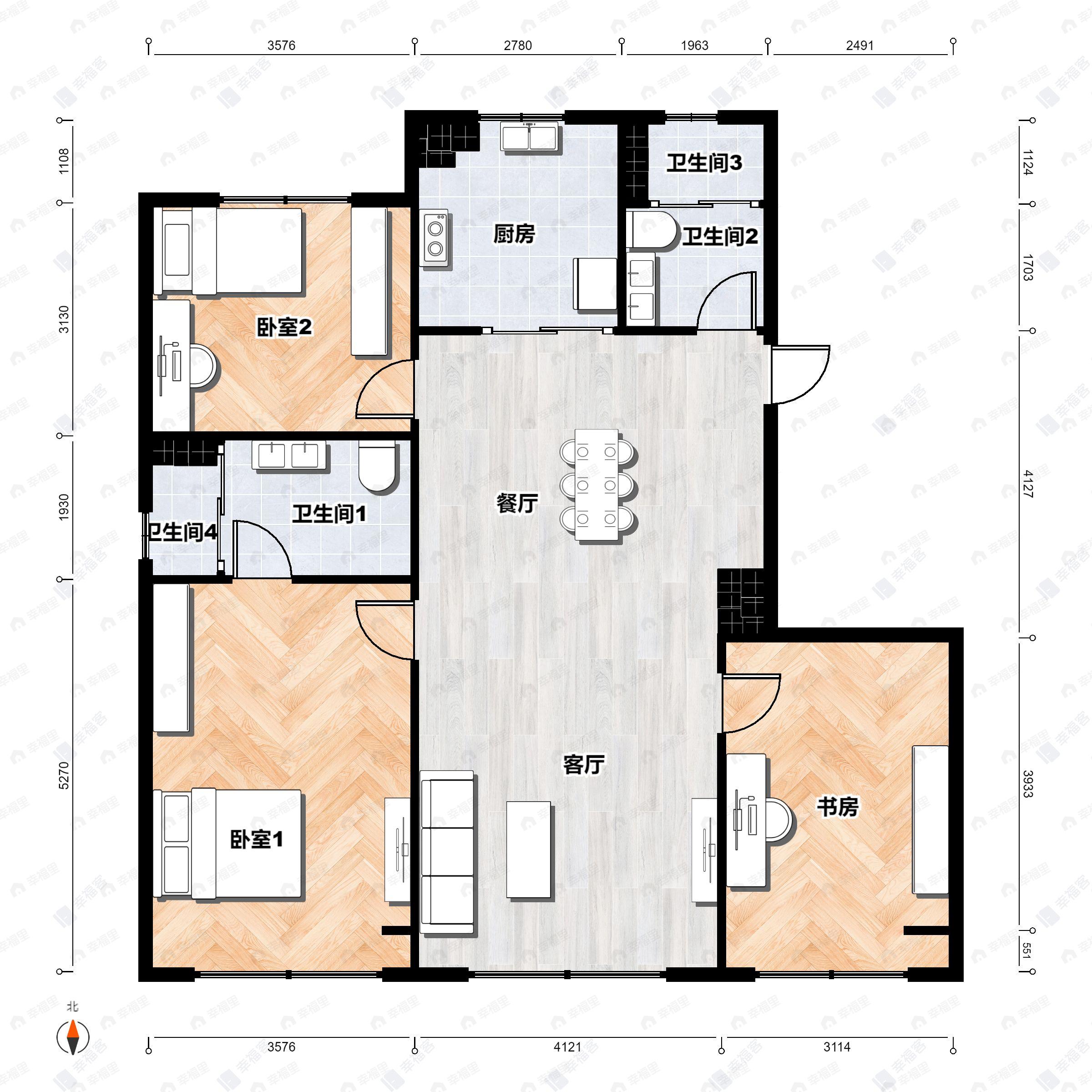 3室2厅2卫建面118平南|北户型图