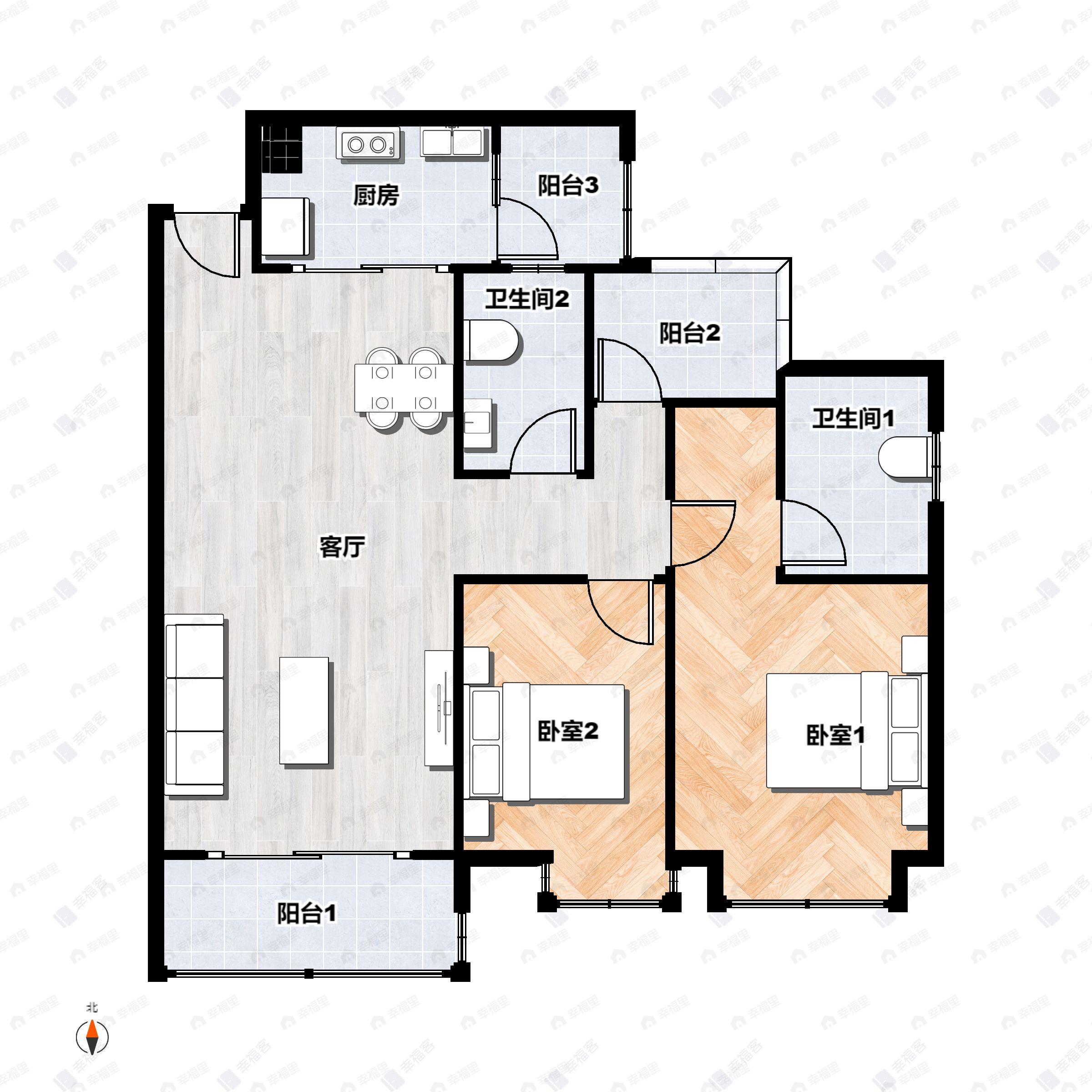 2室2厅2卫建面91平户型图