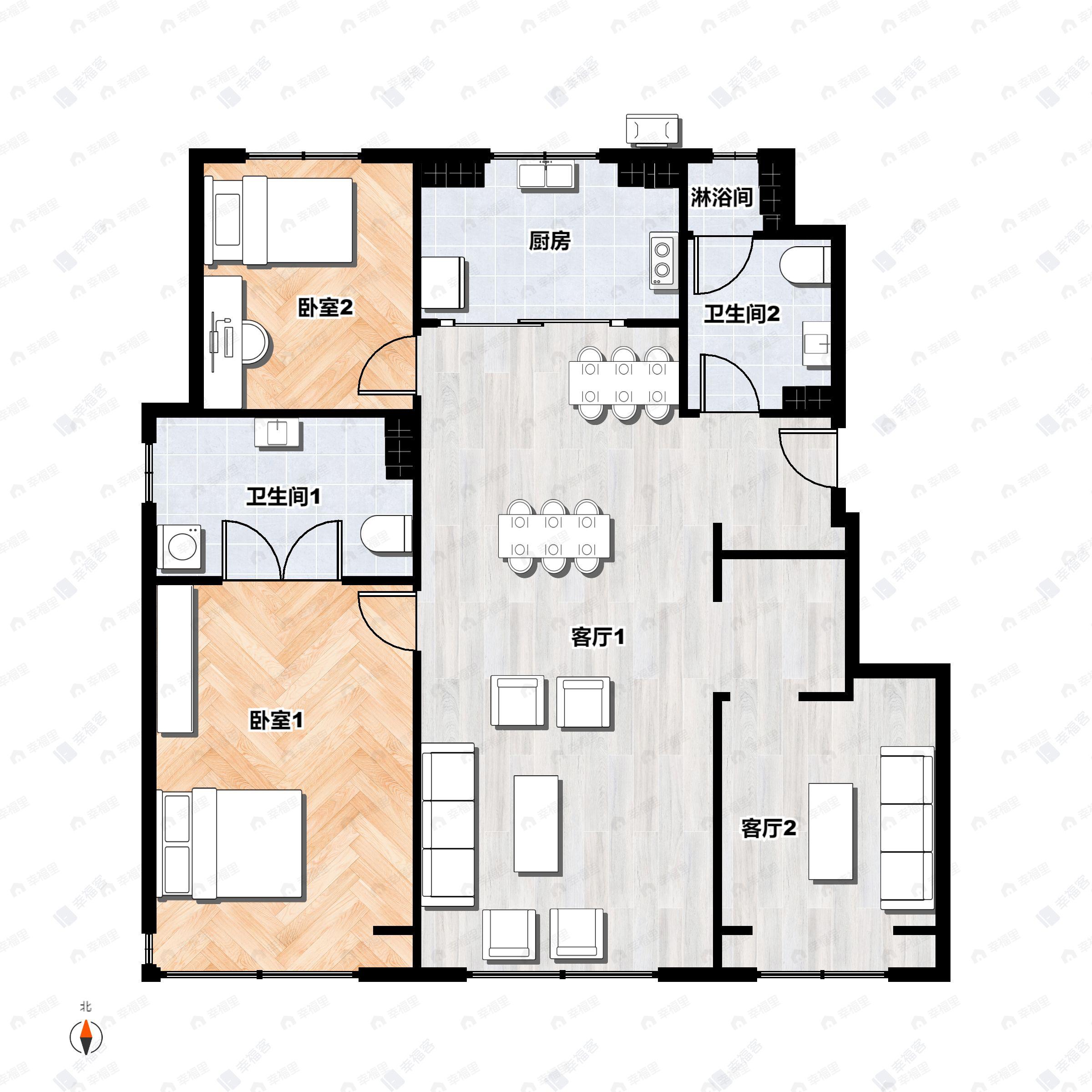 3室2厅2卫建面117m²北|南户型图