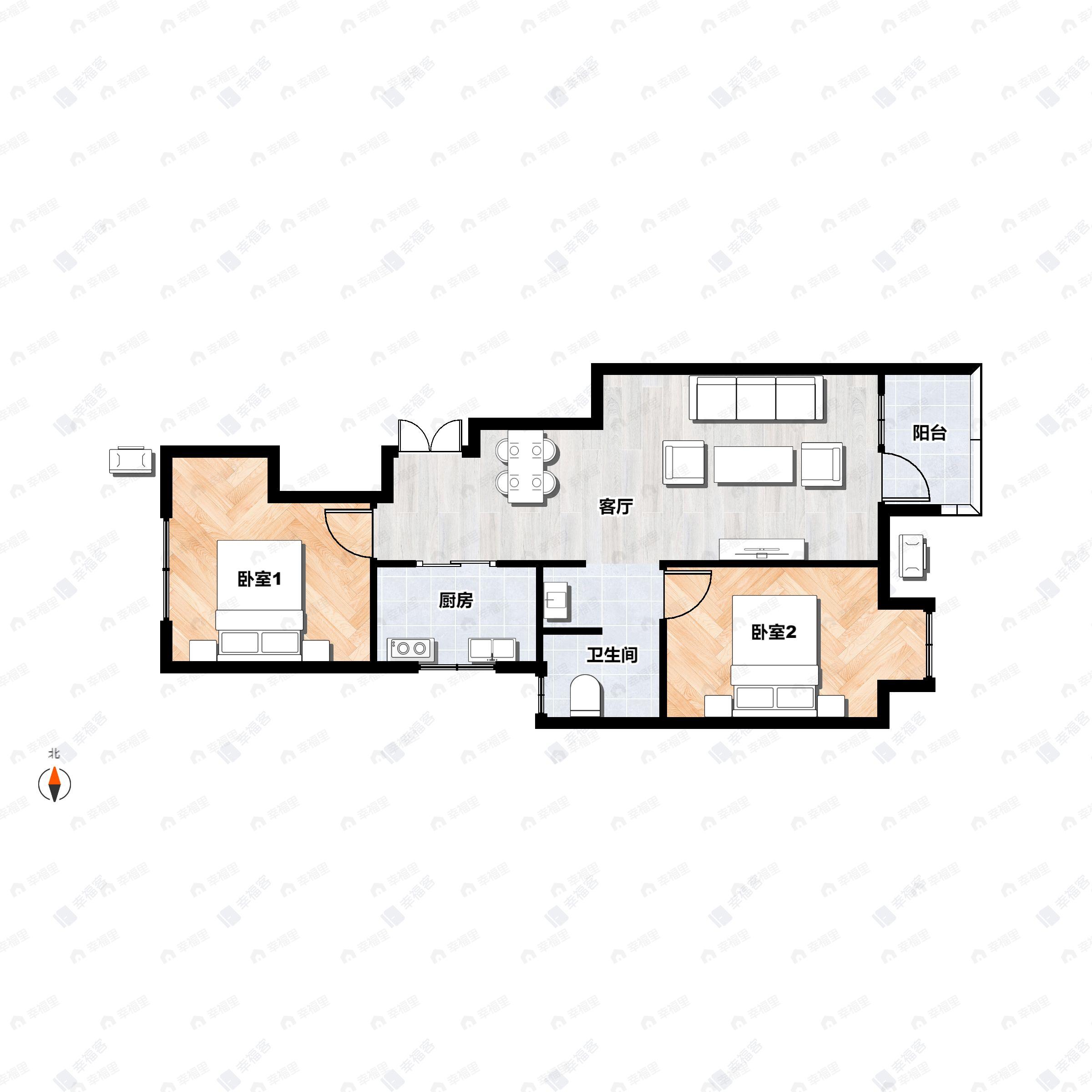 2室2厅1卫建面65平东|西户型图