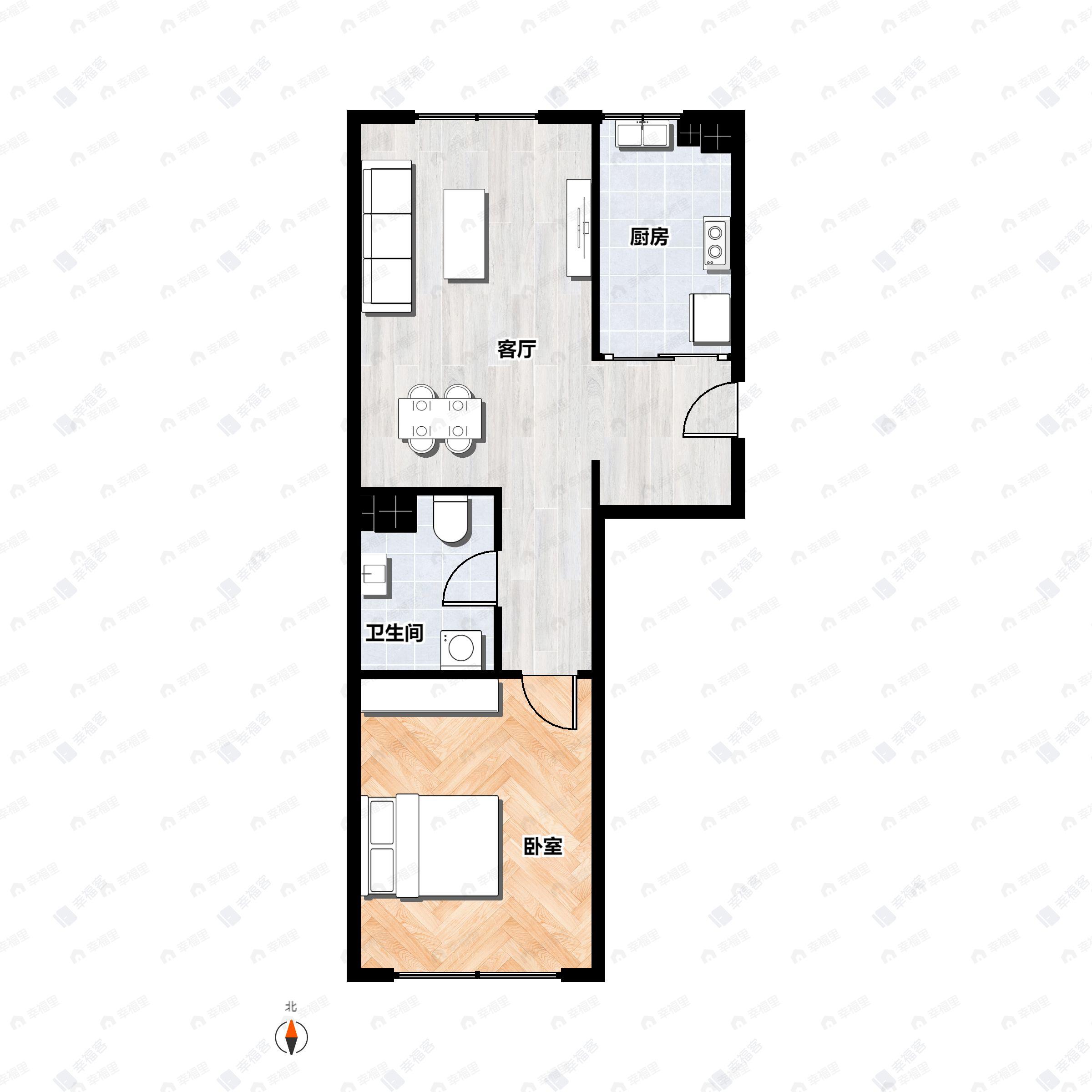 1室2厅1卫建面61m²南户型图