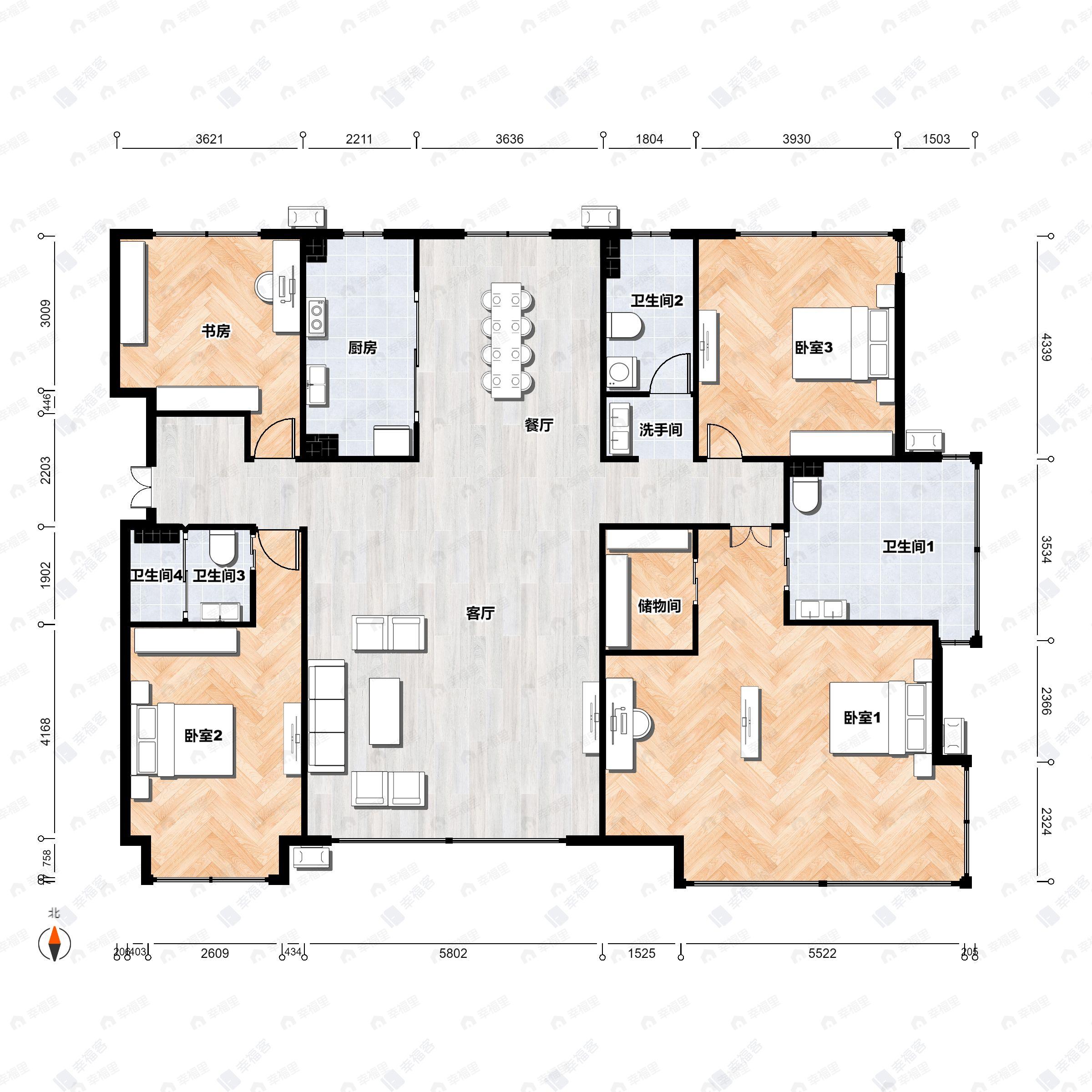 4室2厅3卫建面220平南|北户型图