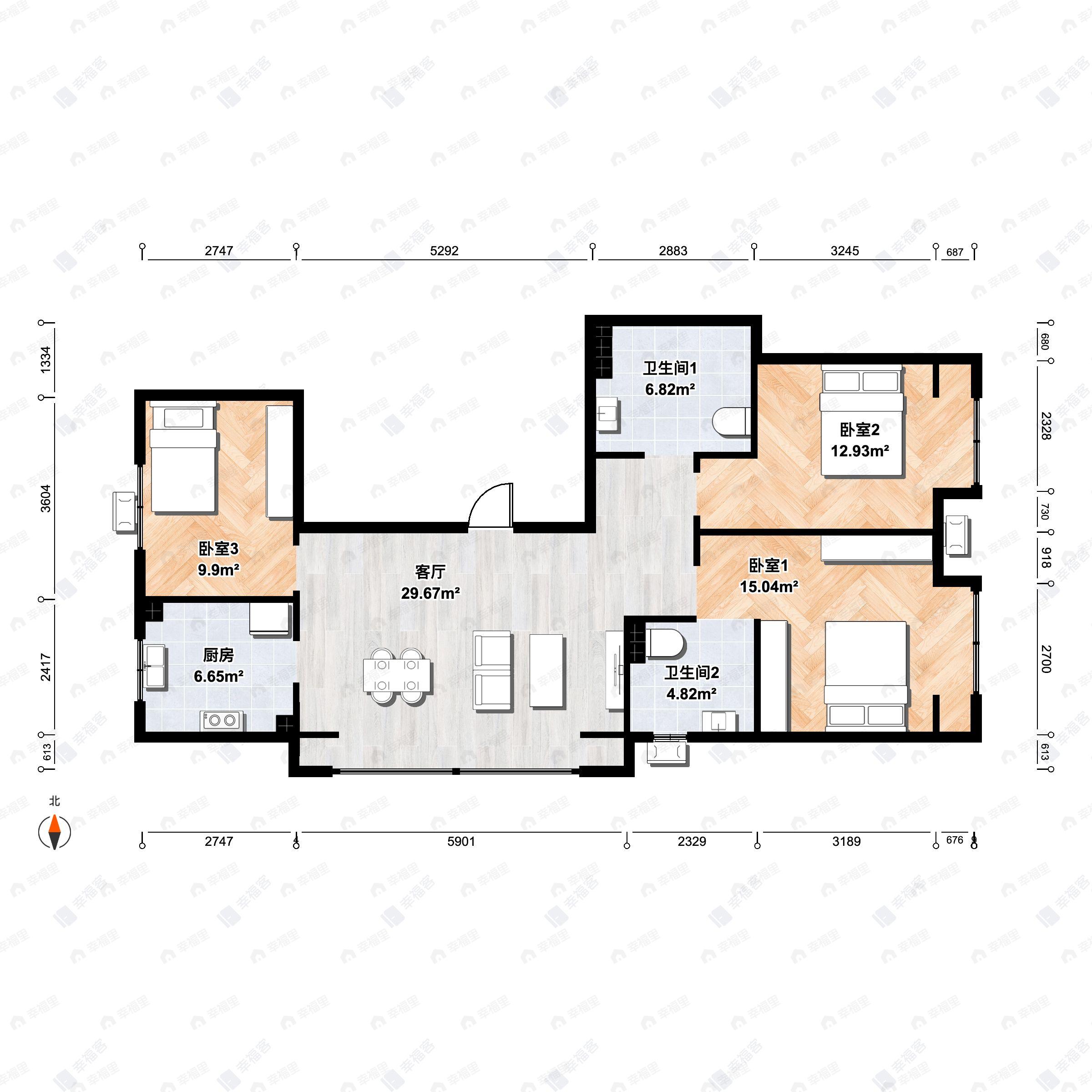 3室2厅2卫建面96平户型图