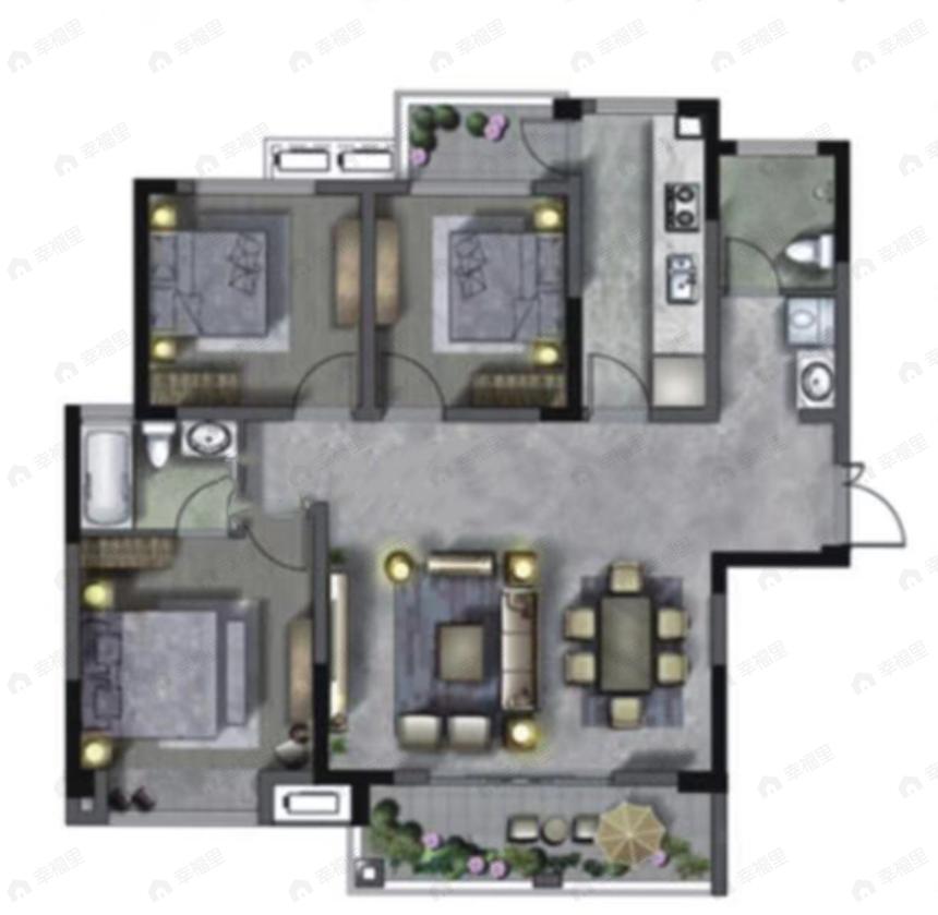中海外北岛3室2厅2卫户型图