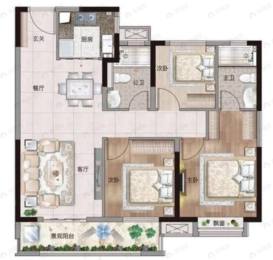 旭辉华宇江悦府3室2厅2卫户型图