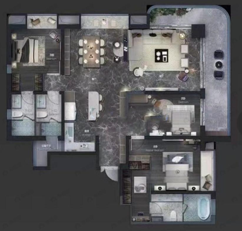 3室2厅3卫建面190m²北|南户型图