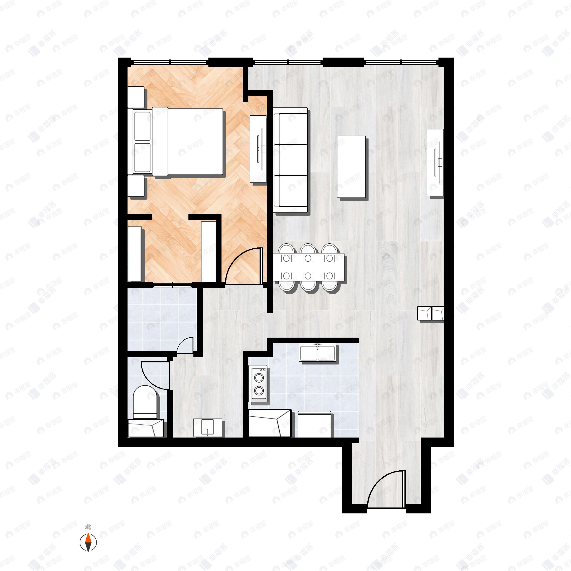 1室2厅1卫建面124m²北户型图