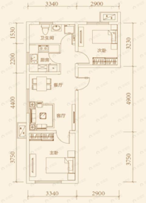 望京花园2室2厅1卫户型图