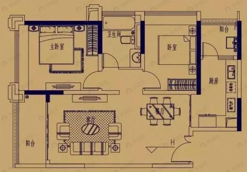 方圆流花月岛2室2厅1卫户型图