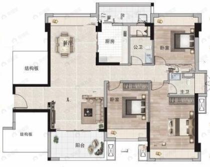 金御轩花园3室2厅2卫户型图