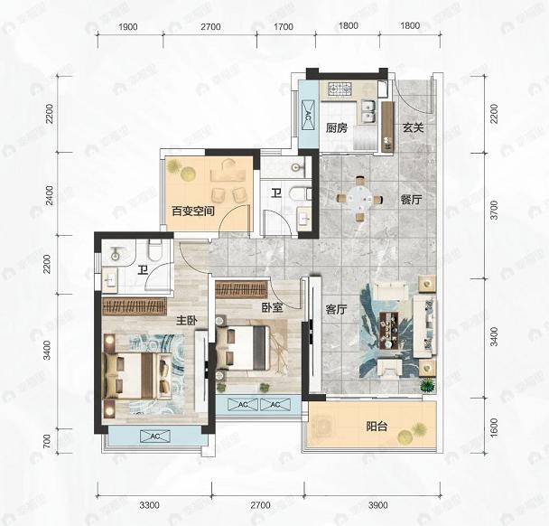 富港水岸云天3室2厅2卫户型图