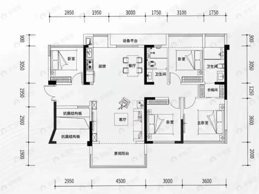 北投领上4室2厅2卫户型图