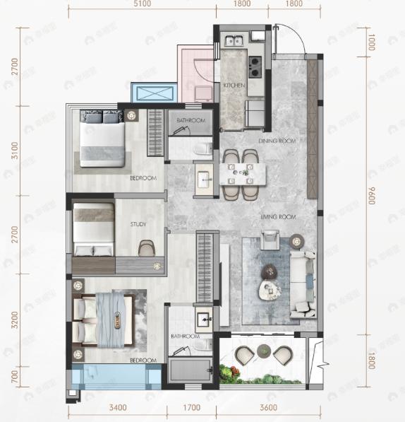 电建德商泷悦天玺3室2厅2卫户型图