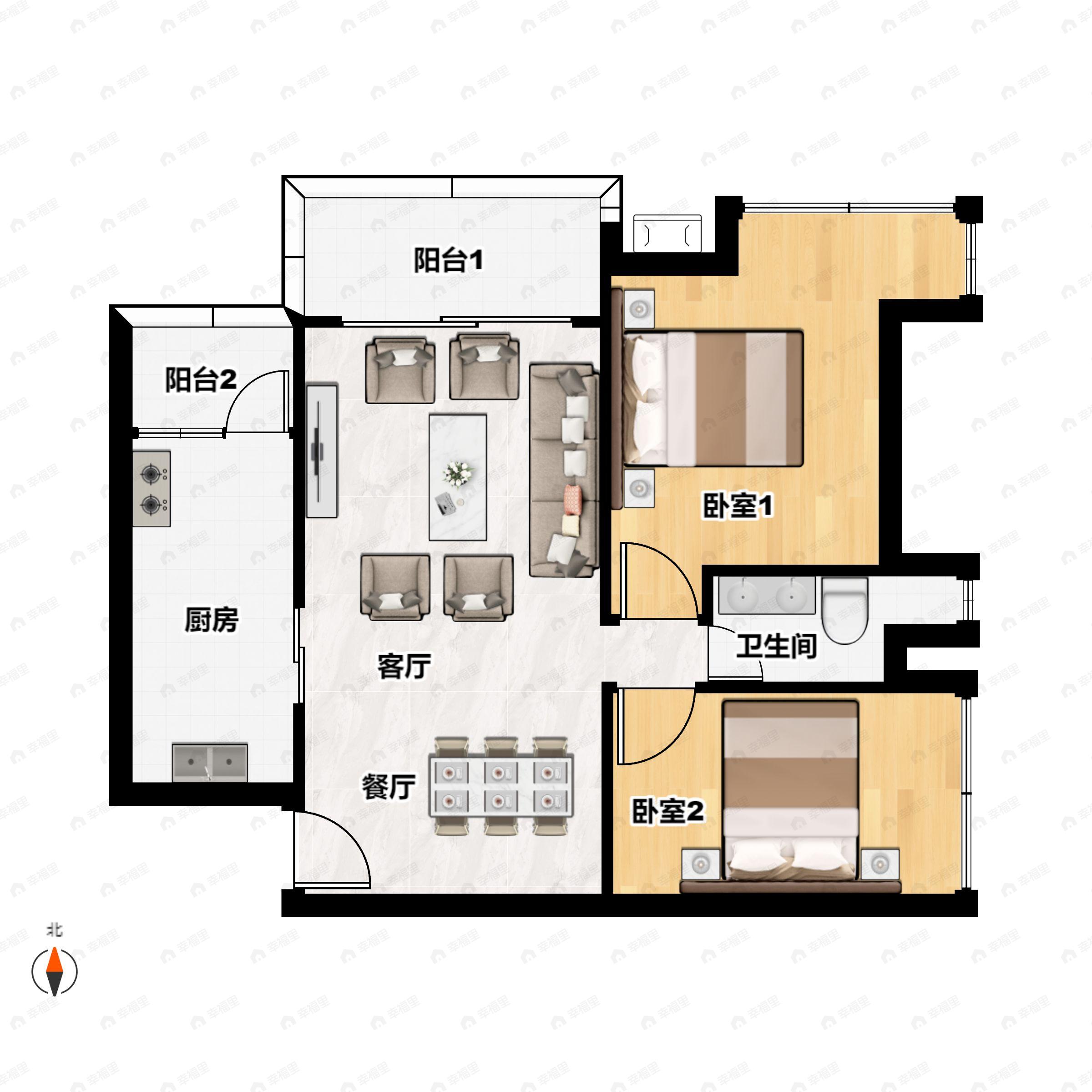 2室2厅1卫建面63平户型图