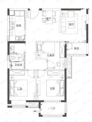 美联城观3室2厅1卫户型图