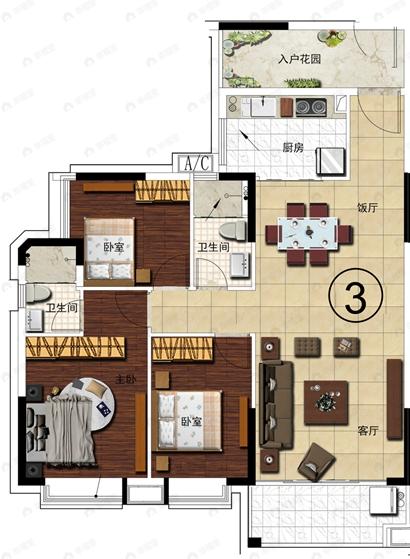 仟信广场3室2厅2卫户型图