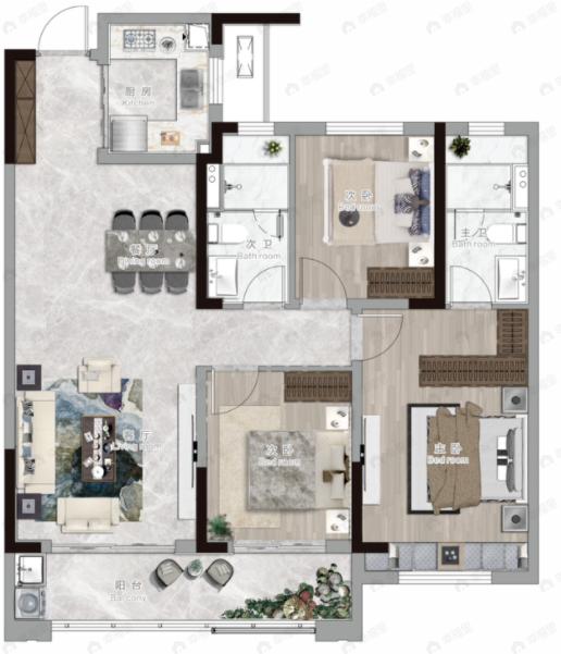 信达新外滩3室2厅2卫户型图