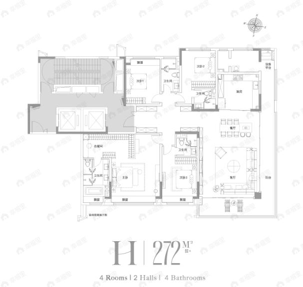 4室2厅4卫建面272平户型图