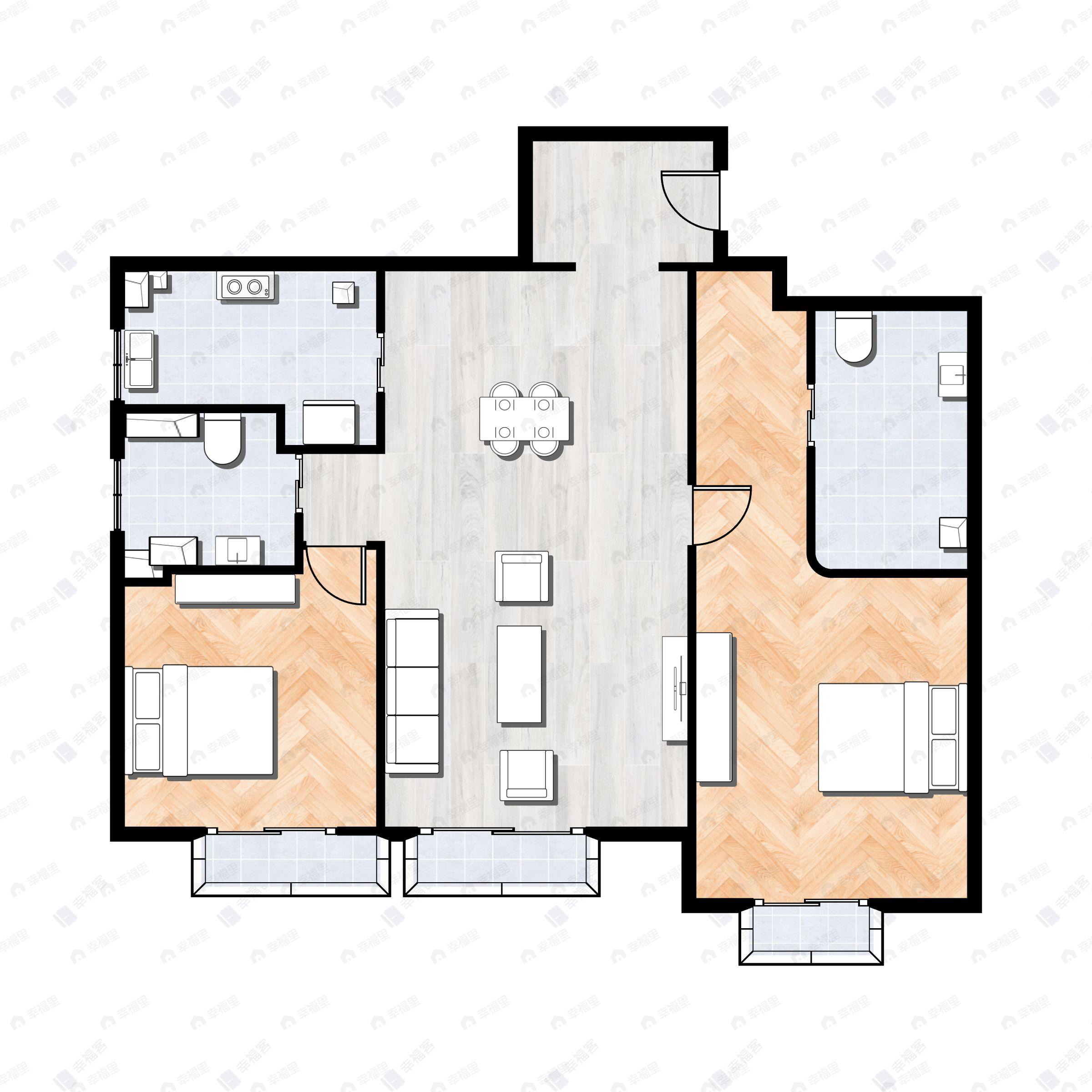 2室2厅2卫建面155平南|西户型图