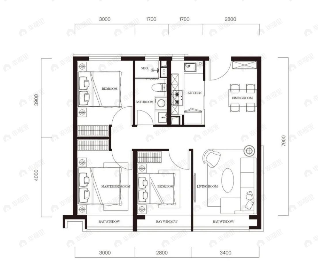 中海云庭3室2厅1卫户型图