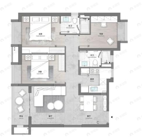 长江悦3室2厅2卫户型图