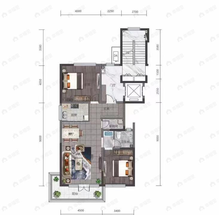 银河国际居住区四期君润府2室2厅1卫户型图