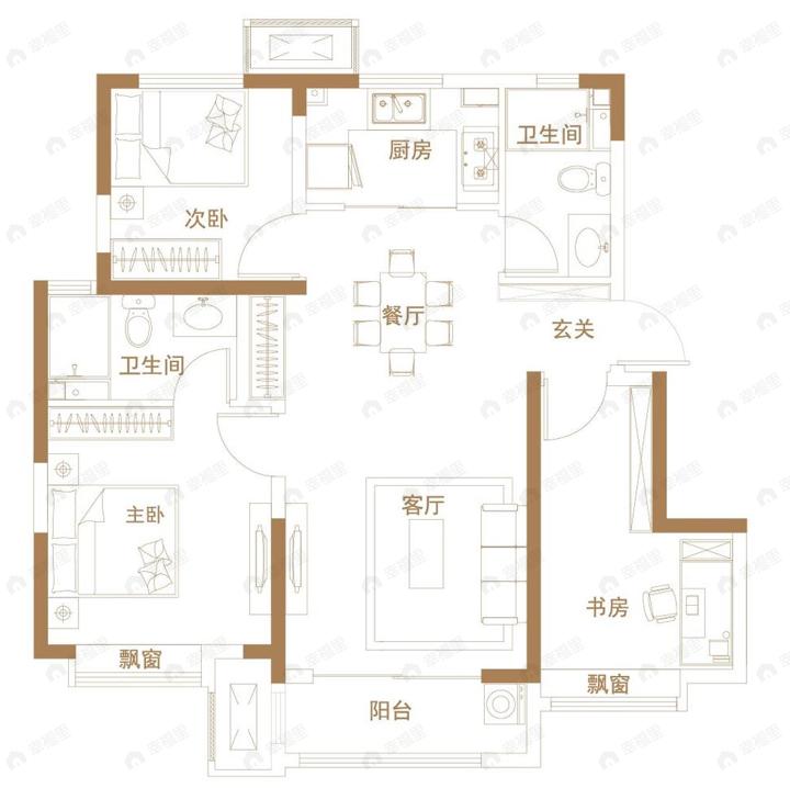 中建玖樾府3室2厅2卫户型图