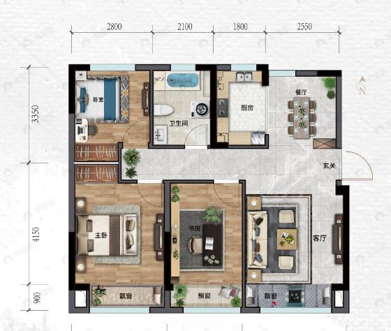 乾豪绿城湖畔和庐3室2厅1卫户型图