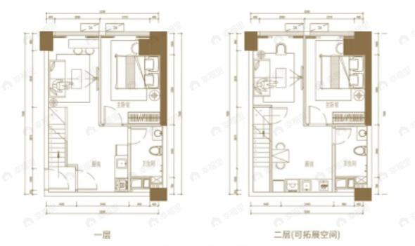2室2厅2卫建面56m²北户型图